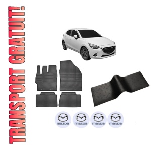 Set 5 covorase auto MAZDA 2 Hatchback (DL, DJ) din 2016-2020, cu covoras tunel median, presuri auto din cauciuc, 4x Stickere auto cu MAZDA