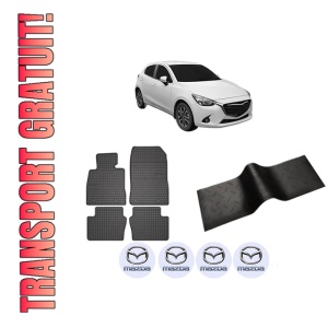 Set 5 covorase auto MAZDA 2 Hatchback (DL, DJ) din 2016-2020, cu covoras tunel median, presuri auto din cauciuc, 4x Stickere auto cu MAZDA
