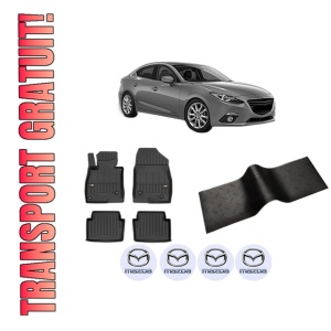 Set 5 covorase auto MAZDA 3 Saloon (BM_, BN_) din 2017-2019, cu covoras tunel median, presuri auto din cauciuc, 4x Stickere auto cu MAZDA