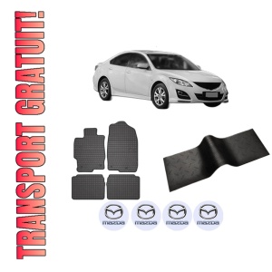 Set 5 covorase auto MAZDA 6 Hatchback (GH) din 2013-2015, cu covoras tunel median, presuri auto din cauciuc, 4x Stickere auto cu MAZDA