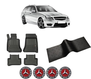 Set 5 covorase auto MERCEDES-BENZ C-CLASS T-Model (S204) din 2010-2013, cu covoras tunel median, presuri auto din cauciuc, 4x Stickere auto cu MERCEDES-BENZ - Img 2