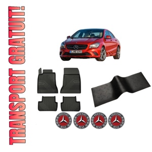 Set 5 covorase auto MERCEDES-BENZ CLA Coupe (C117) din 2017-2020, cu covoras tunel median, presuri auto din cauciuc, 4x Stickere auto cu MERCEDES-BENZ