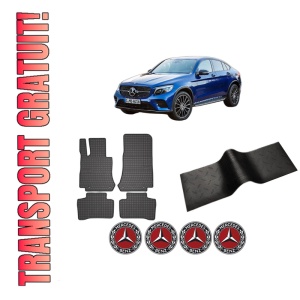 Set 5 covorase auto MERCEDES-BENZ GLC Coupe (C253) din 2009-2017, cu covoras tunel median, presuri auto din cauciuc, 4x Stickere auto cu MERCEDES-BENZ