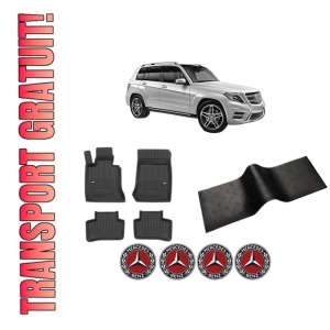 Set 5 covorase auto MERCEDES-BENZ GLK-CLASS (X204) din 2015-2021, cu covoras tunel median, presuri auto din cauciuc, 4x Stickere auto cu MERCEDES-BENZ