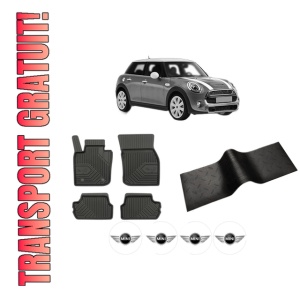 Set 5 covorase auto MINI MINI (F55) din 2016-2021, cu covoras tunel median, presuri auto din cauciuc, 4x Stickere auto cu MINI