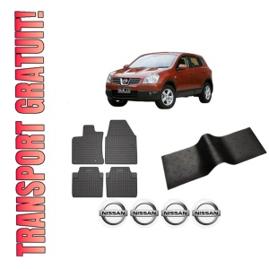 Set 5 covorase auto NISSAN QASHQAI I (J10, NJ10) din 2006-2015, cu covoras tunel median, presuri auto din cauciuc, 4x Stickere auto cu NISSAN