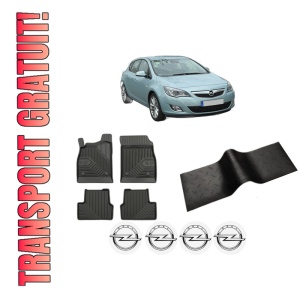Set 5 covorase auto OPEL ASTRA J (P10) din 2005-2012, cu covoras tunel median, presuri auto din cauciuc, 4x Stickere auto cu OPEL