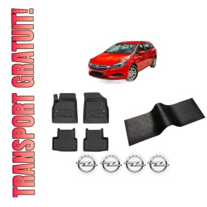 Set 5 covorase auto OPEL ASTRA K (B16) din 2019-2023, cu covoras tunel median, presuri auto din cauciuc, 4x Stickere auto cu OPEL