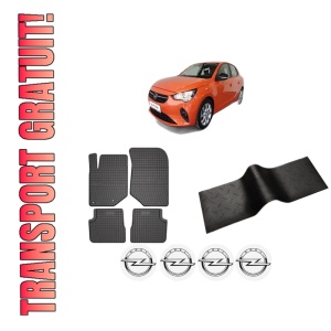 Set 5 covorase auto OPEL CORSA F (P2JO) din 2011, cu covoras tunel median, presuri auto din cauciuc, 4x Stickere auto cu OPEL