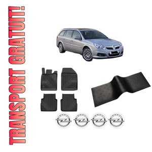 Set 5 covorase auto OPEL VECTRA C Estate (Z02) din 2019-2023, cu covoras tunel median, presuri auto din cauciuc, 4x Stickere auto cu OPEL