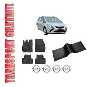 Set 5 covorase auto OPEL ZAFIRA TOURER C VAN (P12) din 2006-2015, cu covoras tunel median, presuri auto din cauciuc, 4x Stickere auto cu OPEL