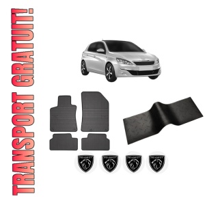 Set 5 covorase auto PEUGEOT 308 Hatchback Van (LB_) din 2007-2013, cu covoras tunel median, presuri auto din cauciuc, 4x Stickere auto cu PEUGEOT