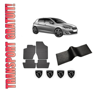 Set 5 covorase auto PEUGEOT 308 II (LB_, LP_, LW_, LH_, L3_) din 2012-2020, cu covoras tunel median, presuri auto din cauciuc, 4x Stickere auto cu PEUGEOT