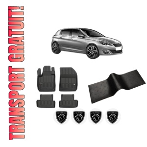Set 5 covorase auto PEUGEOT 308 II (LB_, LP_, LW_, LH_, L3_) din 2012-2020, cu covoras tunel median, presuri auto din cauciuc, 4x Stickere auto cu PEUGEOT