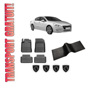 Set 5 covorase auto PEUGEOT 508 I (8D_) din 2008-2018, cu covoras tunel median, presuri auto din cauciuc, 4x Stickere auto cu PEUGEOT