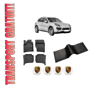 Set 5 covorase auto PORSCHE CAYENNE (92A) din 2014-2024, cu covoras tunel median, presuri auto din cauciuc, 4x Stickere auto cu PORSCHE