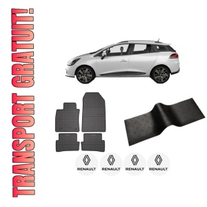 Set 5 covorase auto RENAULT CLIO IV Estate Van (KH_) din 2014-2018, cu covoras tunel median, presuri auto din cauciuc, 4x Stickere auto cu RENAULT