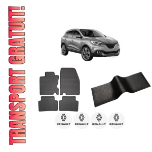 Set 5 covorase auto RENAULT KADJAR (HA_, HL_) din 2007-2015, cu covoras tunel median, presuri auto din cauciuc, 4x Stickere auto cu RENAULT