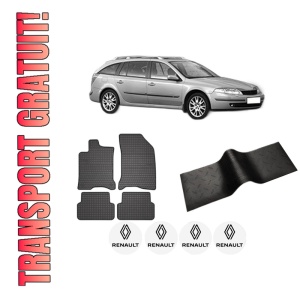 Set 5 covorase auto RENAULT LAGUNA II Grandtour (KG0/1_) din 2008-2018, cu covoras tunel median, presuri auto din cauciuc, 4x Stickere auto cu RENAULT