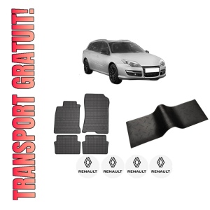 Set 5 covorase auto RENAULT LAGUNA III Grandtour (KT0/1) din 2012-2020, cu covoras tunel median, presuri auto din cauciuc, 4x Stickere auto cu RENAULT