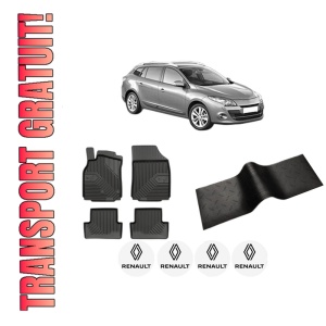 Set 5 covorase auto RENAULT MEGANE III Grandtour (KZ0/1) din 2013-2020, cu covoras tunel median, presuri auto din cauciuc, 4x Stickere auto cu RENAULT