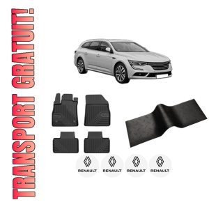 Set 5 covorase auto RENAULT TALISMAN Grandtour (KP_) din 2010-2023, cu covoras tunel median, presuri auto din cauciuc, 4x Stickere auto cu RENAULT