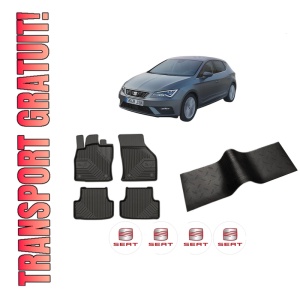 Set 5 covorase auto SEAT LEON Hatchback Van (5F1) din 2012-2018, cu covoras tunel median, presuri auto din cauciuc, 4x Stickere auto cu SEAT