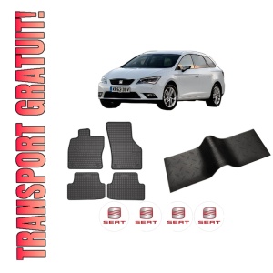 Set 5 covorase auto SEAT LEON ST Estate Van (5F8) din 2013-2019, cu covoras tunel median, presuri auto din cauciuc, 4x Stickere auto cu SEAT
