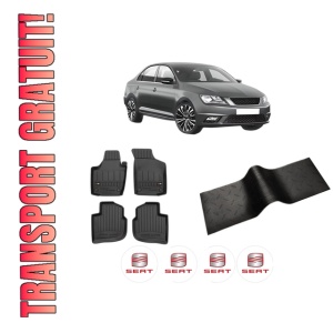 Set 5 covorase auto SEAT TOLEDO IV (KG3) din 2012-2018, cu covoras tunel median, presuri auto din cauciuc, 4x Stickere auto cu SEAT