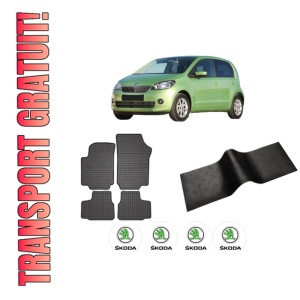 Set 5 covorase auto SKODA CITIGO (NF1) din 2006-2014, cu covoras tunel median, presuri auto din cauciuc, 4x Stickere auto cu SKODA