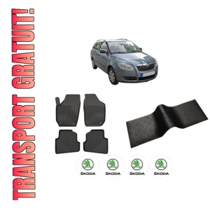 Set 5 covorase auto SKODA FABIA II Combi (545) din 2015-2018, cu covoras tunel median, presuri auto din cauciuc, 4x Stickere auto cu SKODA