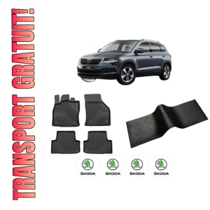 Set 5 covorase auto SKODA KAROQ (NU7, ND7) din 2009-2017, cu covoras tunel median, presuri auto din cauciuc, 4x Stickere auto cu SKODA