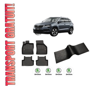 Set 5 covorase auto SKODA KAROQ (NU7, ND7) din 2009-2017, cu covoras tunel median, presuri auto din cauciuc, 4x Stickere auto cu SKODA