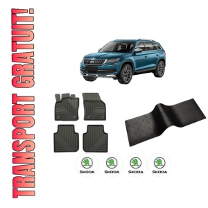 Set 5 covorase auto SKODA KODIAQ I (NS6, NS7, NV7) din 2013-2019, cu covoras tunel median, presuri auto din cauciuc, 4x Stickere auto cu SKODA