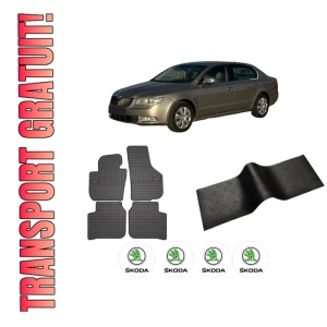Set 5 covorase auto SKODA SUPERB II Estate (3T5) din 2011-2016, cu covoras tunel median, presuri auto din cauciuc, 4x Stickere auto cu SKODA