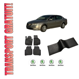 Set 5 covorase auto SKODA SUPERB II Estate (3T5) din 2011-2016, cu covoras tunel median, presuri auto din cauciuc, 4x Stickere auto cu SKODA