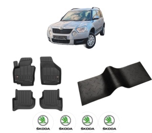 Set 5 covorase auto SKODA YETI (5L) din 2004-2013, cu covoras tunel median, presuri auto din cauciuc, 4x Stickere auto cu SKODA - Img 2
