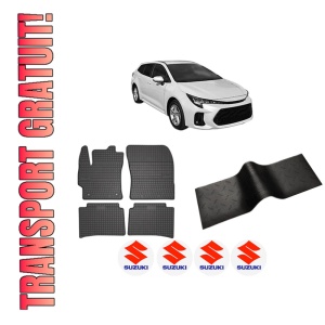 Set 5 covorase auto SUZUKI SWACE (AMZ_) din 2004-2012, cu covoras tunel median, presuri auto din cauciuc, 4x Stickere auto cu SUZUKI