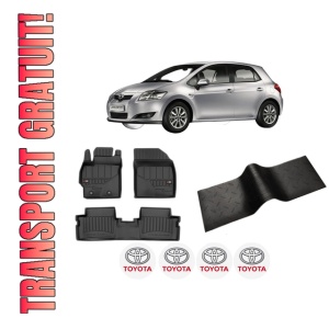 Set 5 covorase auto TOYOTA AURIS (_E15_) din 2010-2020, cu covoras tunel median, presuri auto din cauciuc, 4x Stickere auto cu TOYOTA