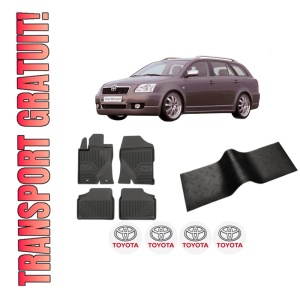 Set 5 covorase auto TOYOTA AVENSIS Estate (_T25_) din 2013-2020, cu covoras tunel median, presuri auto din cauciuc, 4x Stickere auto cu TOYOTA