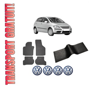 Set 5 covorase auto Volkswagen GOLF PLUS V (5M1, 521) din 2008-2013, cu covoras tunel median, presuri auto din cauciuc, 4x Stickere auto cu Volkswagen