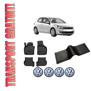 Set 5 covorase auto Volkswagen GOLF VI (5K1) din 2011-2016, cu covoras tunel median, presuri auto din cauciuc, 4x Stickere auto cu Volkswagen