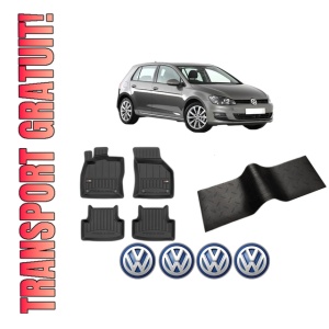 Set 5 covorase auto Volkswagen GOLF VII (5G1, BQ1, BE1, BE2) din 2014-2015, cu covoras tunel median, presuri auto din cauciuc, 4x Stickere auto cu Volkswagen