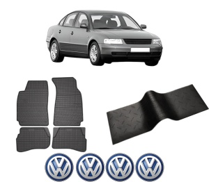 Set 5 covorase auto Volkswagen PASSAT B5 (3B2) din 2017-2023, cu covoras tunel median, presuri auto din cauciuc, 4x Stickere auto cu Volkswagen - Img 2