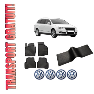 Set 5 covorase auto Volkswagen PASSAT B6 Variant (3C5) din 2016-2021, cu covoras tunel median, presuri auto din cauciuc, 4x Stickere auto cu Volkswagen