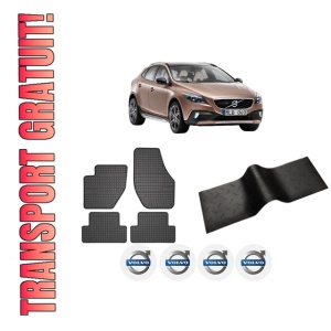 Set 5 covorase auto VOLVO V40 Cross Country (526) din 2006-2013, cu covoras tunel median, presuri auto din cauciuc, 4x Stickere auto cu VOLVO