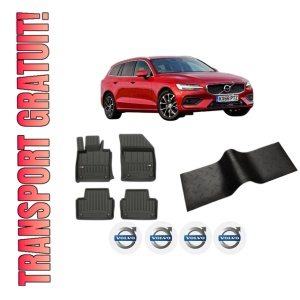 Set 5 covorase auto VOLVO V60 II (225) din 2015-2024, cu covoras tunel median, presuri auto din cauciuc, 4x Stickere auto cu VOLVO