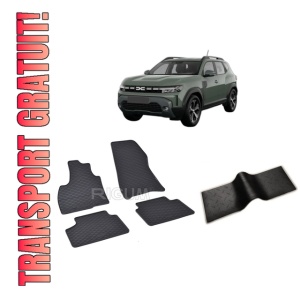 Set 5 covorase DACIA DUSTER III MHEV din 06.2024-PREZENT, cu covoras tunel median, CAROSERIE SUV, Presuri cauciuc 100%, compatibil cu autoturismul DACIA DUSTER III MHEV, Rigum