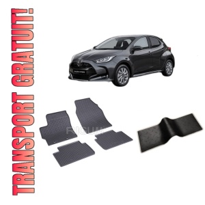 Set 5 covorase MAZDA 2 HYBRID din 2022-PREZENT, cu covoras tunel median, CAROSERIE HATCHBACK, Presuri cauciuc 100%, compatibil cu autoturismul MAZDA 2 HYBRID, Rigum