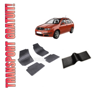 Set 5 covorase SKODA FABIA II din 03.2007-10.2014, cu covoras tunel median, CAROSERIE COMBI, Presuri cauciuc 100%, compatibil cu autoturismul SKODA FABIA II, Rigum